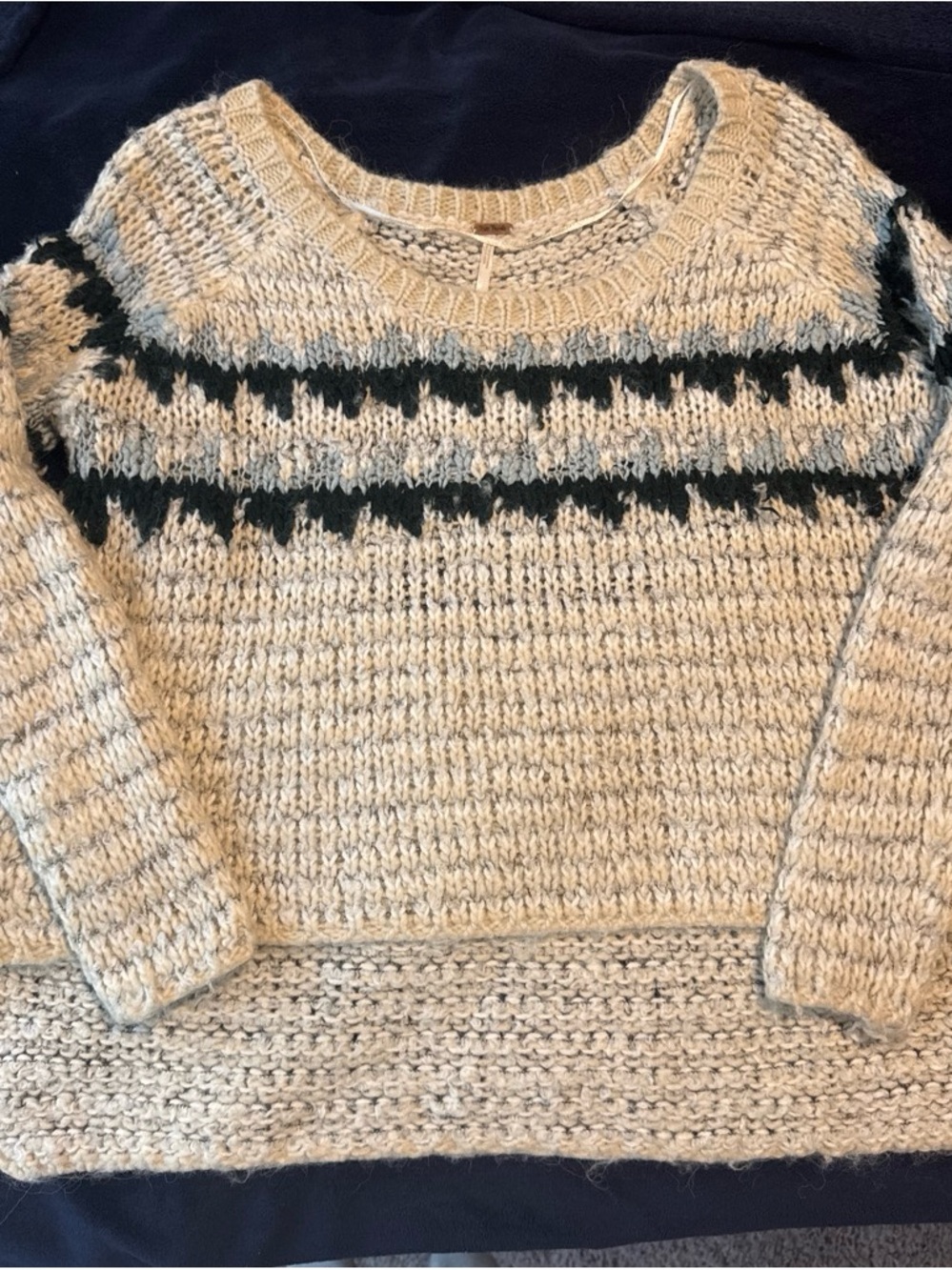 Free People Cream Crewneck Sweater with Dark Green Yoke